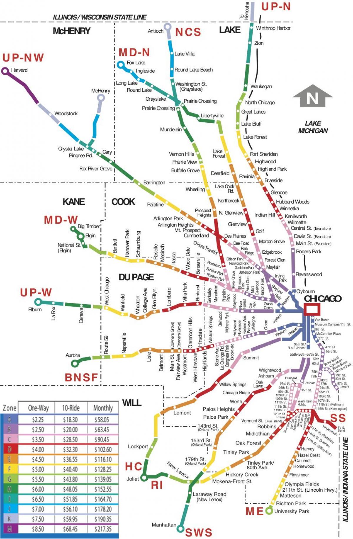 Chicagon alueella juna kartta