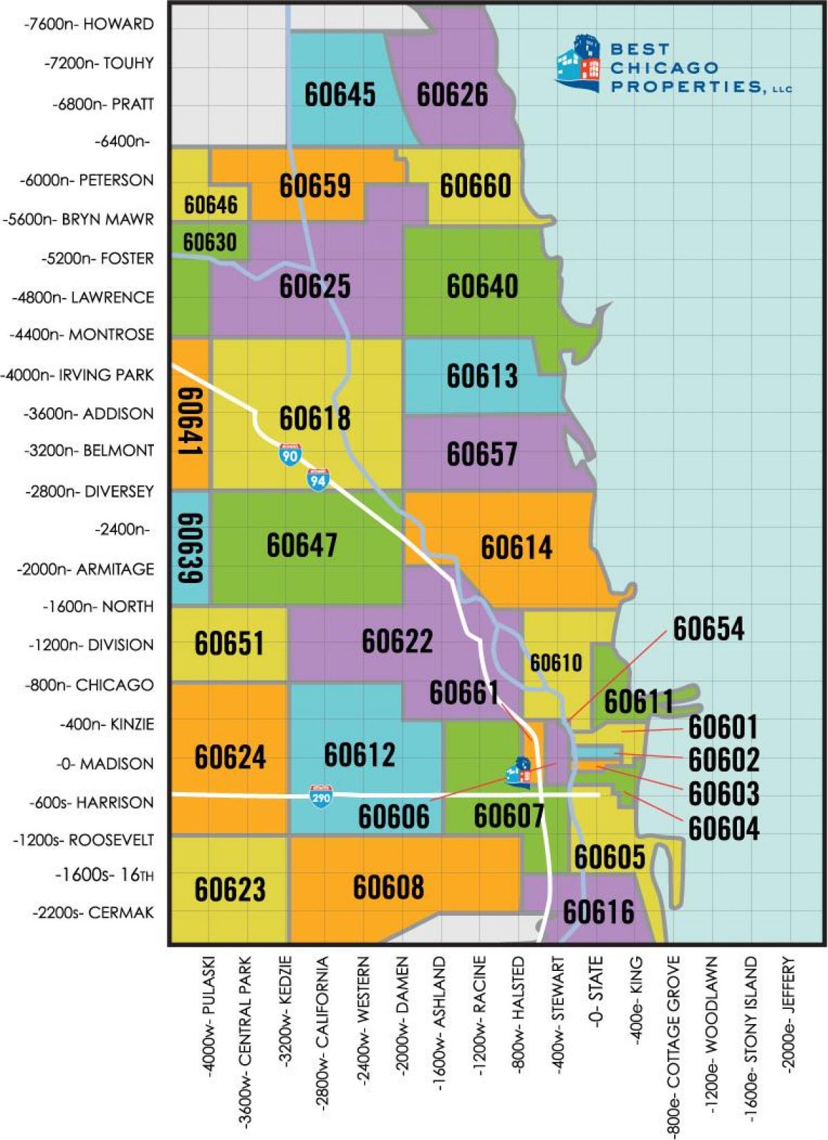 Chicago alue, postinumero kartta